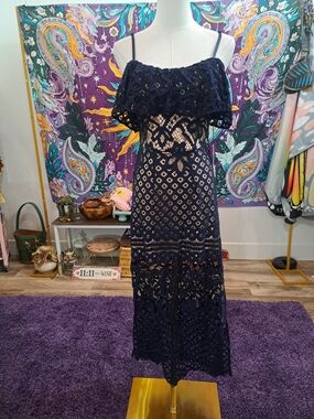 After Dark in Capri Navy Lace Off-Shoulder Maxi Dress • Small • NWT
